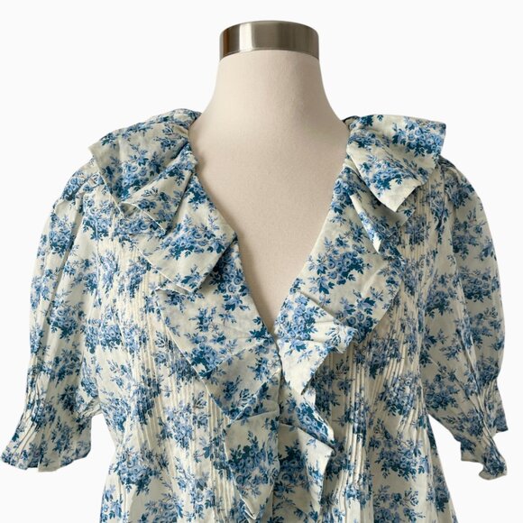 Doen Henri Ruffle Blouse S Blue Floral Cotton Top Feminine Cottagecore - Picture 5 of 11